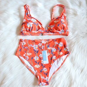 Orange Floral V Neck High Waisted Bikini XXL